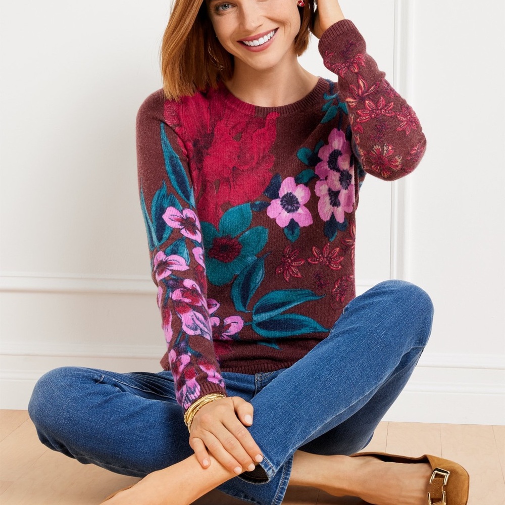 Talbots Burgundy Floral Crew Neck Sweater